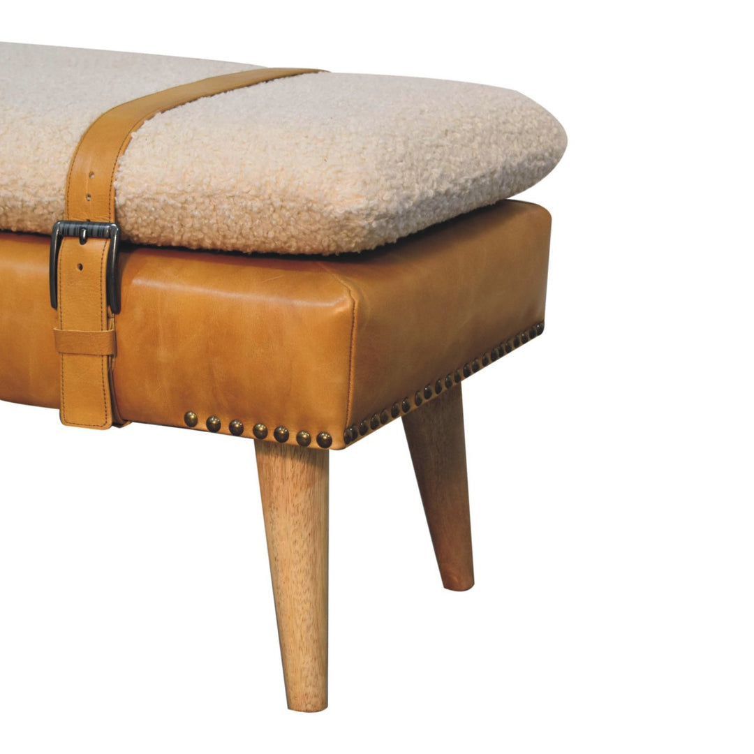 Bouclé Buffalo Hide Olive Green Leather Bench