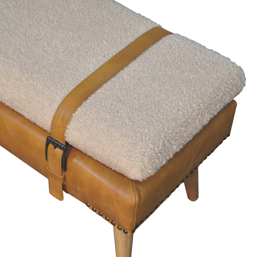 Bouclé Buffalo Hide Olive Green Leather Bench