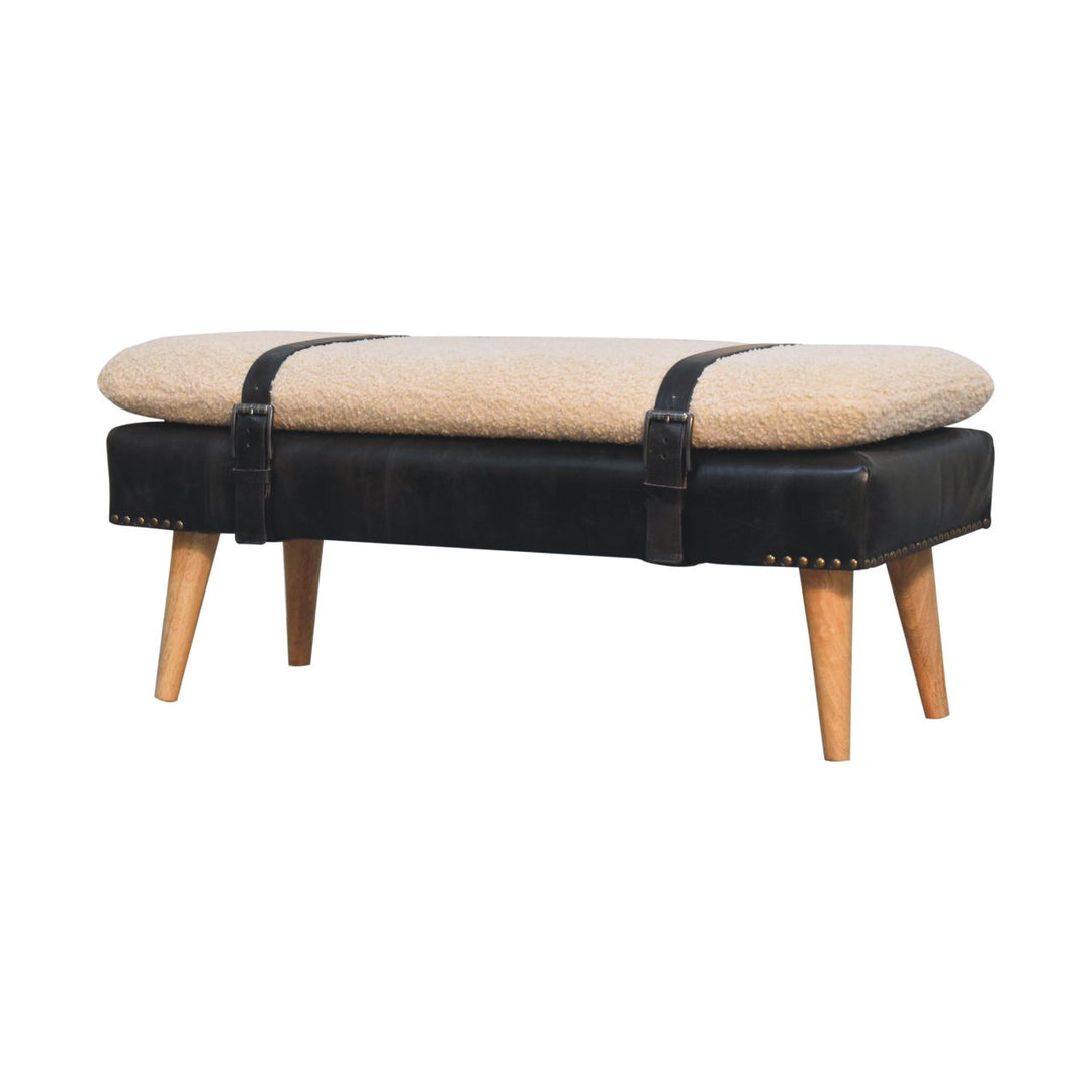 Bouclé Buffalo Hide Black Leather Bench